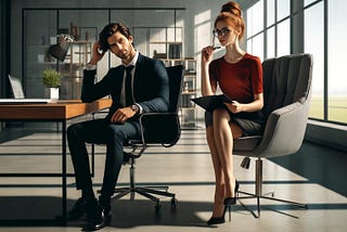 A male and female executive sit in an office