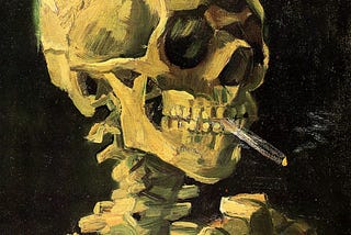painting by Vincent van Gogh of a skeleton from the chest up, a cigarette in its mouth with a black background
