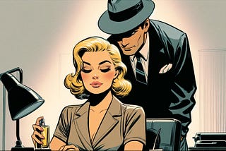 A cartoon of a male private detective leaning over his secretary while she sprays perfume