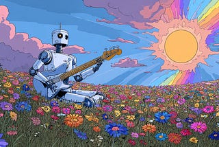A colourful illustration of a robot playing a guitar in a field of flowers under a blue sky with a dazzling slightly sinister looking sun.