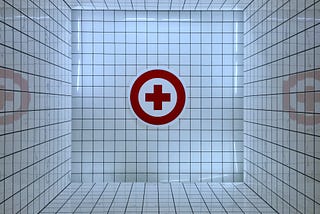 A red cross symbol with a circle around it in a small box mirrored on all sides