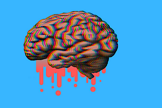 A human brain dripping liquid on a blue background.