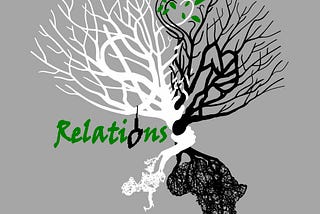 Two trees — one white and one black. The white tree grasps the black tree in a chokehold, the two trees’ branches intertwining above. On the left the word “Relations” appears, the “o” formed by a noose that hangs from one of the white tree’s branches. Meanwhile, new growth from both trees forms green leaves and a heart.