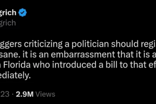 Screenshot of a tweet from Newt Gingrich saying: The idea that bloggers criticizing a politician should register with the government is insane. it is an embarrassment that it is a Republican state legislator in Florida who introduced a bill to that effect. He should withdraw it immediately.