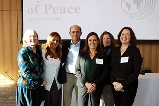 Early Childhood Peace Consortium (ECPC) team on early childhood peacebuilding frameworks join together at Yale 2025 colloquium ‘Dynamics of Peace’. (L-R: Catherine Panter-Brick, L. Angelica Ponguta, James F. Leckman, Theresa S. Betancourt, N. Shemrah Fallon, Laura Dunne). Photo by Joshua Anusewicz.