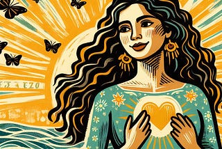 Woman with wavy sepia, black, and white hair, in turquoise dress with orange heart at center, her hands rest at her heart. She is surrounded by large sun rays in orange and beige, below which are teal and light green ocean waves. Brown butterflies fly towards the sun.