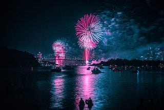 A beautiful pink and blue fireworks show.