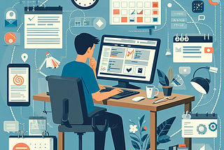 Illustration of a person sitting at a desk multitasking with a computer. The person is surrounded by various icons and elements representing different tasks, including a calendar, clock, documents, communication tools, and reminders. The workspace is organized, featuring a cup of coffee, plants, and a desk lamp. The background includes visuals of a CPU and task threads, symbolizing efficient time management and context-switching. The overall theme conveys productivity and balancing professional
