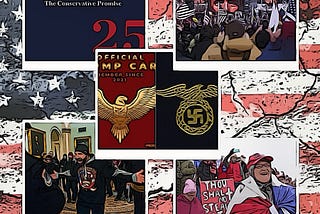 The image features a collage that juxtaposes various elements associated with political extremism in the United States. At the center, a book cover titled “Mandate for Leadership: The Conservative Promise 2025” is prominently displayed, suggesting the agenda of Project 2025. Surrounding this are several striking visuals. The background is an American flag that appears distressed and torn, symbolizing the deep divide and turmoil within the country.