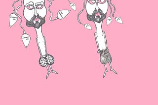 Two black and white penis-shaped bearded men stand to attention on a pink canvas background. From their heads, four spermatozoa are released; the words ‘“I Take No Responsibility…”’ (Trump quote), in black text, are tattooed on the head of each sperm. This political cartoon is titled “Cherry Picking The Old Brand Knew” although these word do not appear in the image.