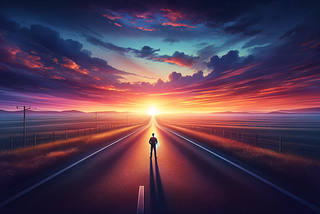 Morning scene with a road leading directly towards a sunrise. There’s a man standing in the middle of the road.