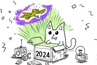 Illustrated line doodle showing a cat with human-like curiosity peering into a glowing box labeled “2024.” The scene is filled with items symbolizing innovation and thought: retro robot parts, illuminated and darkened light bulbs, and documents with diagrams. A phoenix silhouette in the background signifies growth from failure, and the overall atmosphere is one of whimsy and anticipation for the future.