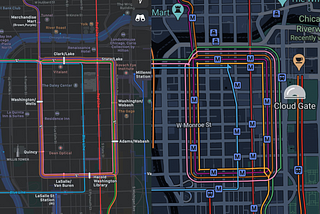 A side by side comparison of Apple and Google Maps zoomed in on Chicago’s Loop. Apple Maps has train lines sitting cleanly against each other while Google’s lines are scattered and confusing, covering many of the city blocks.