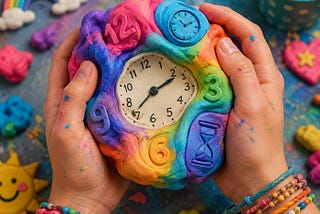 An asymmetrical analogue clock pressed into the centre of a lump of multi-colored plasticine embossed with numbers and an hourglass and held by two hands.