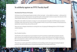 A screenshot of the “solidarity against NYU faculty layoff” placed over a NYU Paris building.