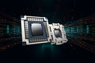 NVIDIA Spectrum‑X co‑packaged optics networking switches for AI factories, shown as two floating processor modules with futuristic data‑flow light trails.