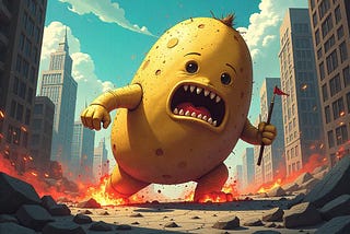 A giant or kaiju potato with flames at its feet