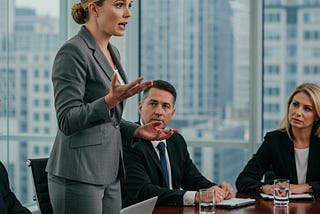AI-Generated image of a white woman speaking up at a meeting of white colleagues when something racist was said