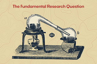 The image shows an antique alembic, sitting atop a candle, with a tube into a container collecting the distillate. It says “The Fundamental Research Question” and has a small “DRC” logo in the middle.