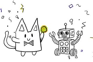 A cartoon drawing of a smiling cat character holding a glowing ball next to a friendly robot with raised arms, surrounded by playful abstract shapes and lines.
