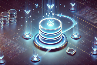 A conceptual illustration of data seeding in Ruby on Rails. The image depicts a glowing central database with small neon data packets flowing into it. The background features a digital environment with an abstract grid hinting at structured data, while a shape inspired by the Ruby on Rails logo is subtly integrated into the design. The dominant colors are cool blues, purples, and soft whites, creating a modern and tech-inspired aesthetic.