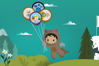 Trailhead character Astro floating with badge themed balloons over a forest landscape.