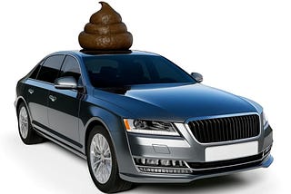 IMAGE: A hyper-realistic illustration of a new, shiny car with a large, visible pile of poo on top