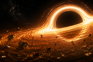 A glowing orange-gold black hole pulls houses, cars, dollar bills, and small human silhouettes into its swirling accretion disk against a dark star-filled background.