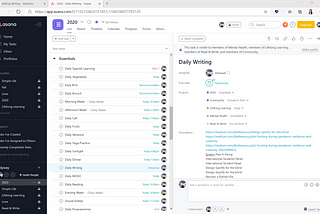 A screenshot of Asana to-do list, of which Daily Writing is a recurring daily task.