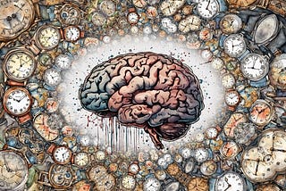 An illustration of human brain surrounded by various clocks