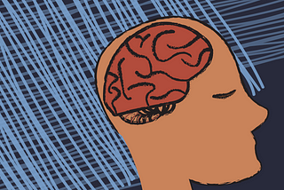 Simple line drawing of a brain inside of a head. Background is blue with light blue lines.