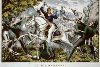 “U.S. Dragoons, Cutting Their Way Through A Mexican Ambuscade.” Print shows American cavalry using swords and pistols to escape an ambush by Mexican soldiers during the Mexican War.