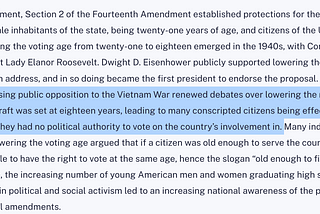 a screenshot showing text from the National Archives detailing the historical background of the 26th Amendment to the United States Constitution