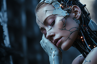 cyborg woman looking distressed