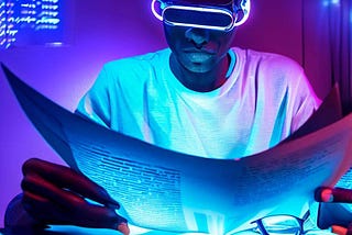 Imagem gerada por inteligência artificial. Nela, uma pessoa preta de cabelos curtos e camiseta branca lê um jornal com o auxílio de um óculos futurista.