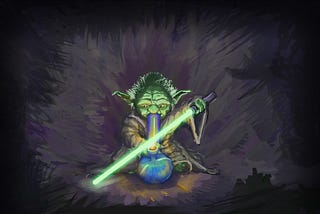 Fan artwork of Yoda using his green lightsaber to light a bong