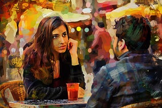 Painting of Allie at an outdoor cafe table, looking towards Dario across the table as she listens intently.