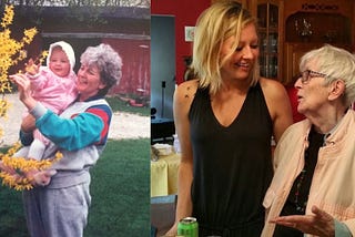 A young girl in a pink sweatsuit being held by her grandma, picking flowers from a blooming tree in front of an old red barn. The same two, 20'ish years later, sharing a chat and a laugh.