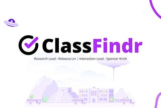 Redesigned ClassFindr logo with school landscape and alien site assistant in the background. Underneath the logo lists: Research Lead: Rebecca Lin, Interaction Lead: Spencer Itrich