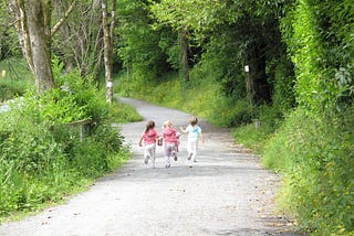 Three little girls run along a wooded path; viewed from the back