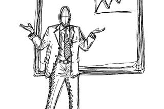 Sketching of a person with hands in the air standing next to a whiteboard depicting an upward trend line.