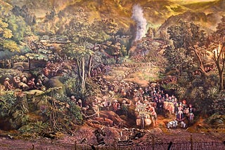Painting of Vietnamese people carrying weapons over the mountains to Dien Bien Phu.