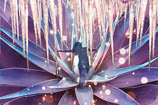 women with open arms rising from flower made of the isicles above