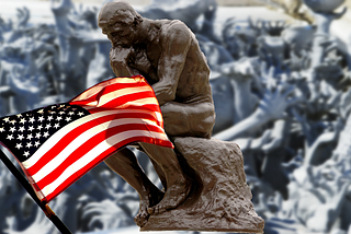 The famous “Thinker” sculpture with an American flag waving and what appears to be zombie hands in the background.