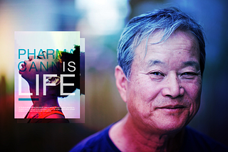 Poster design concepts as marketing collateral for Pharmacannis Life. The poster design is superimposed over the top of a photograph of a middle-aged Asain man.