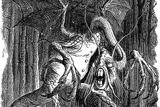 A cropped image of John Tenniel’s illustration of Lews Carroll’s Jabberwock — a giant winged dragon-like creature with buck teeth and huge claws