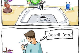 Woman in top panel is fussing about one spoon in the sink. Man in the bottom panel is distracted by phone with a sink full of dishes behind him.