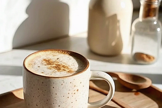 Jennifer Aniston Coffee Loophole Recipe — Clean morning coffee setup with beauty supplements and a wellness journal.