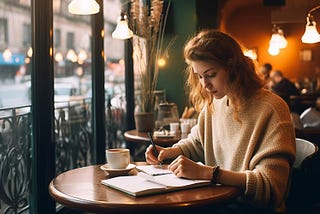 A woman sits at a table in a cafe, writing in a notebook.