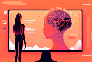 An illustration of a woman attentively observing an AI interface displayed on a screen